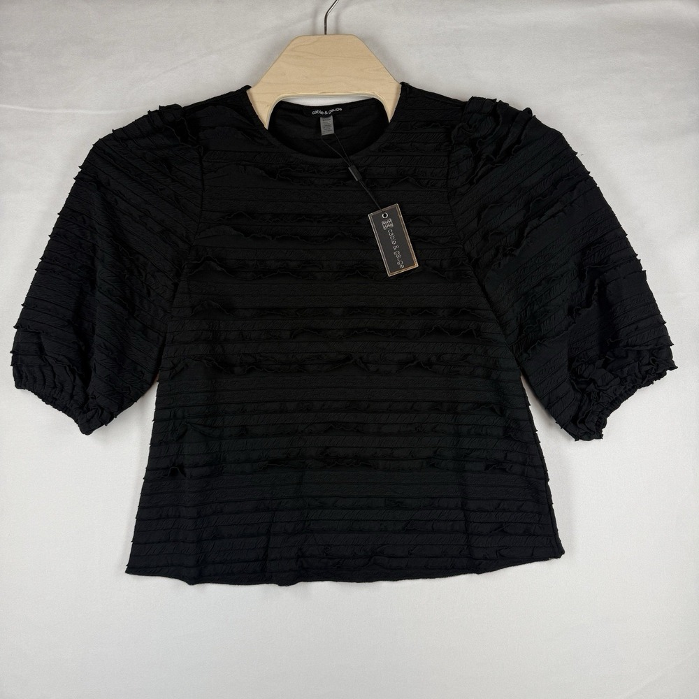 NWT Cable & Gauge Women S Black Frayed Stripe Puff Sleeve Textured Top
